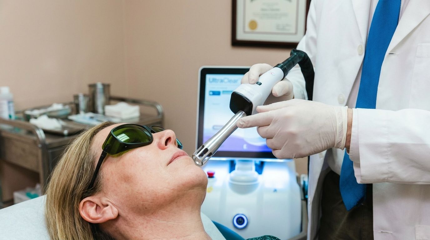 A physician passing the UltraClear handpiece along a patient's cheek, device console behind