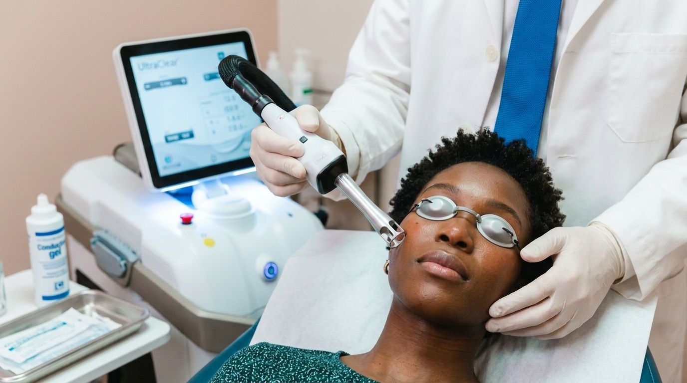 A patient with deeper skin under treatment, the console displaying the selected module and settings